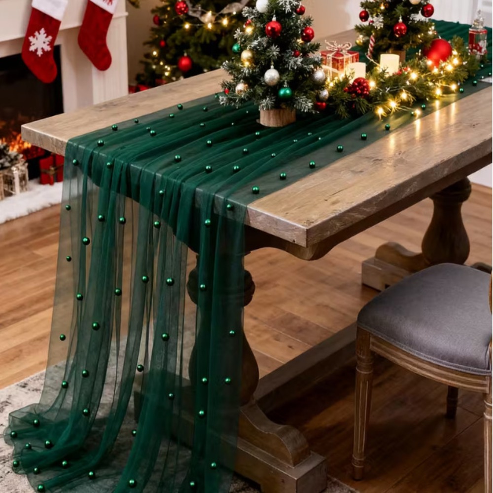 Linen Table Runner - 夢のような豪華なウェディングテーブルランナー半透明マルチカラーパールシフォンランナーロマンチックなガーゼテーブルクロス家の装飾