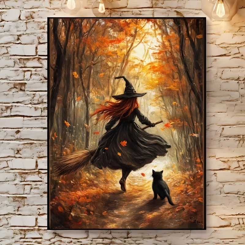 Home Decor Theme - レトロなハロウィン秋の魔女がほうきに乗る壁アートプリントキャンバス絵画ポスター、リビングルーム、寝室の家の装飾に。